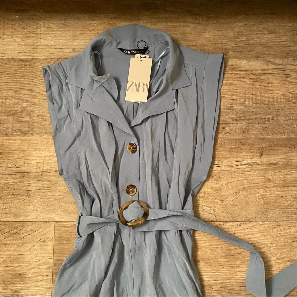 NWT Zara blue short sleeve buttoned up jumpsuit with a tie - Picture 11 of 15
